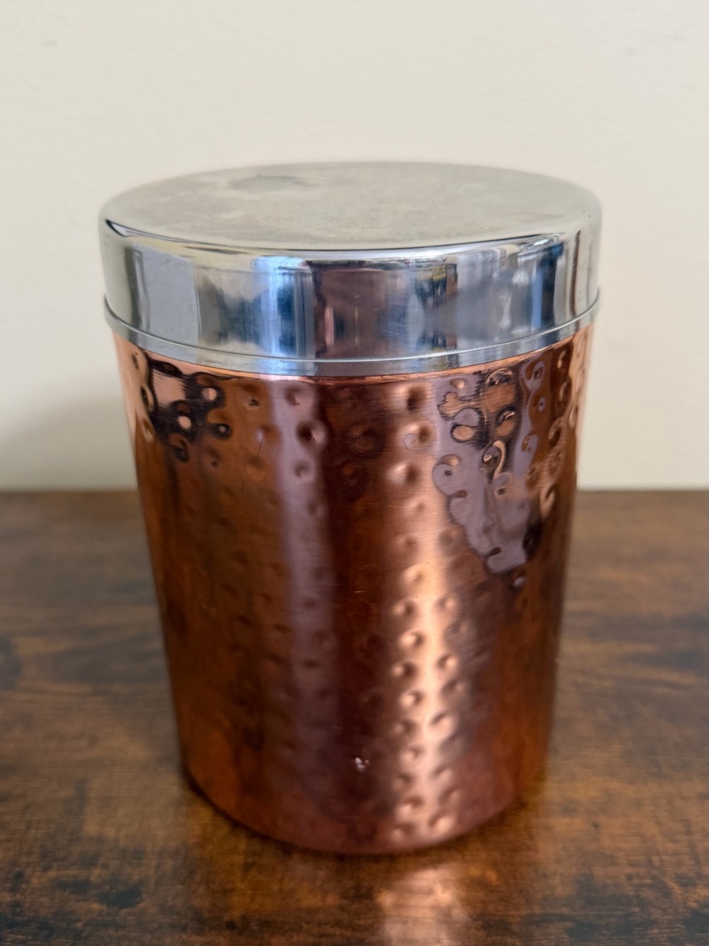 Hammered Copper Like Storage Canister with Silver Lid - Kitchen Coffee Accessory